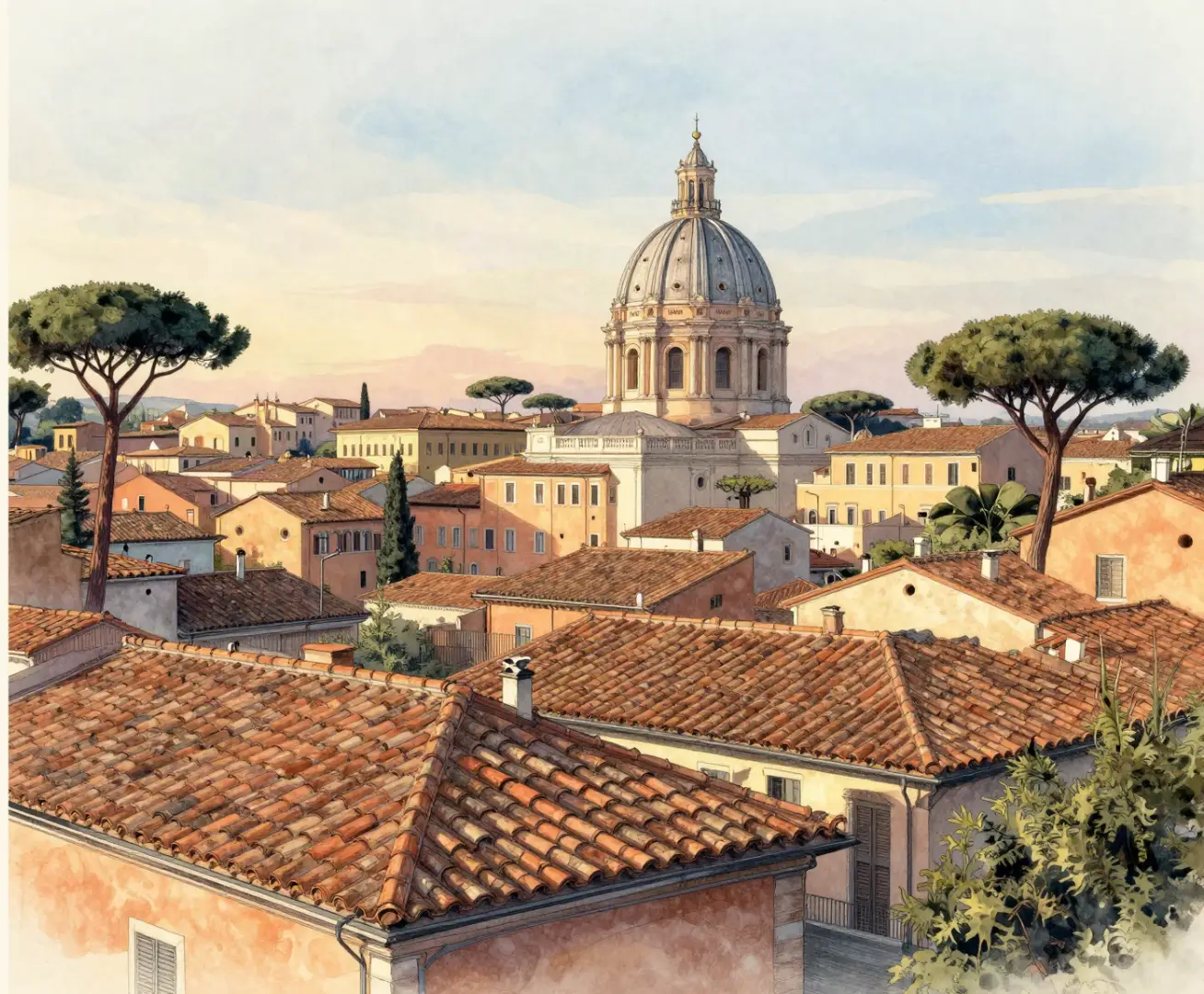 Veduta illustrata dei tetti di Roma, con una cupola e i pini romani